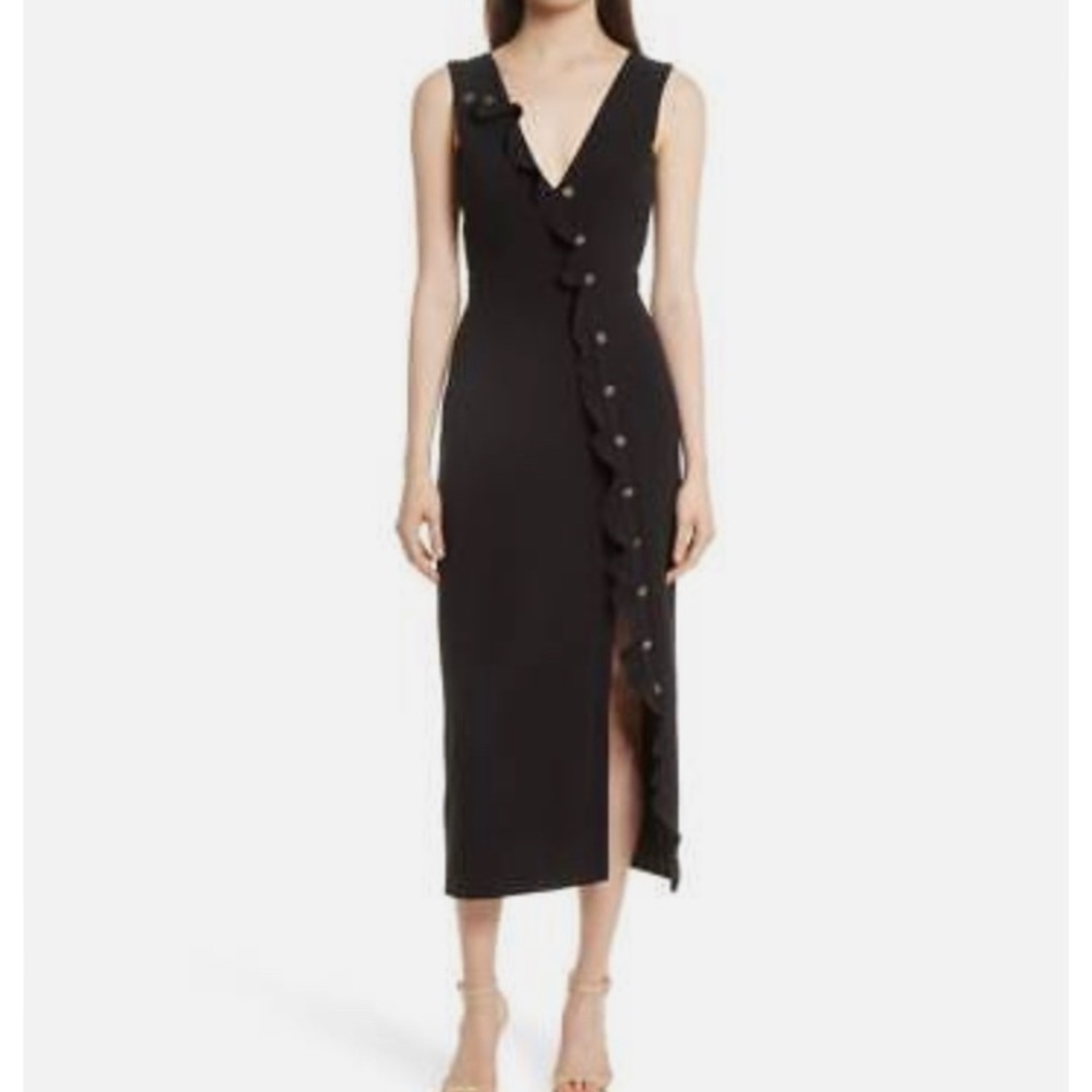 Saloni Black Gold Button Ruffle Marley Sleeveless V Neck Midi Zip LBD Dress 4